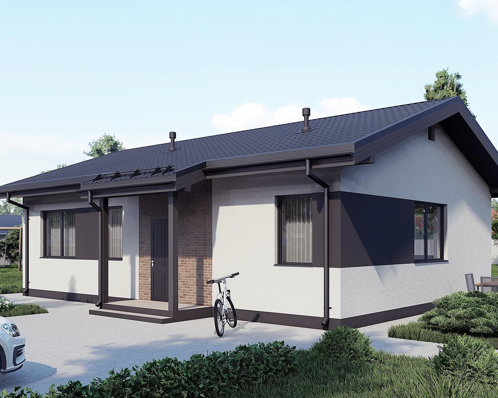 Проект компактного дома 82 м² — фасад со стороны входа